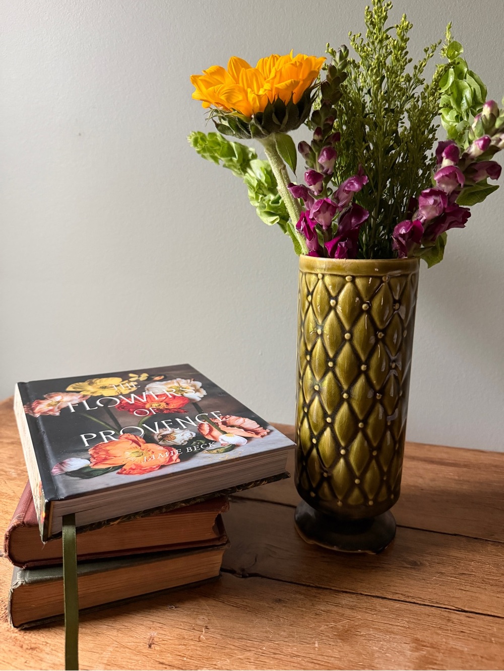 Vintage Olive Green Textured Ceramic Vase | Mid Century Style Floral Vessel